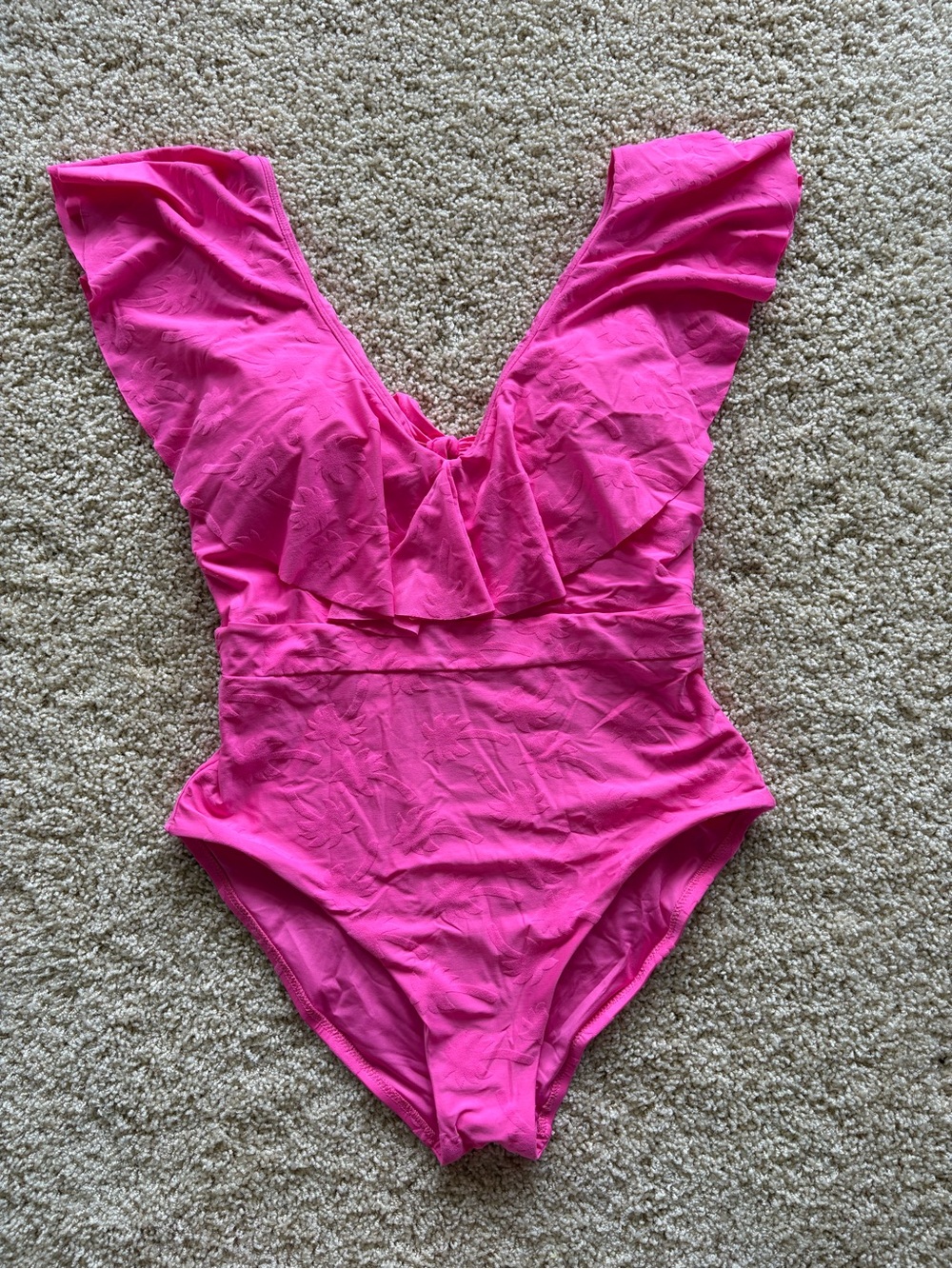 NWT Trina Turk Size 12 Pink Palm Jacquard Ruffle Tie Back One Piece Swimsuit